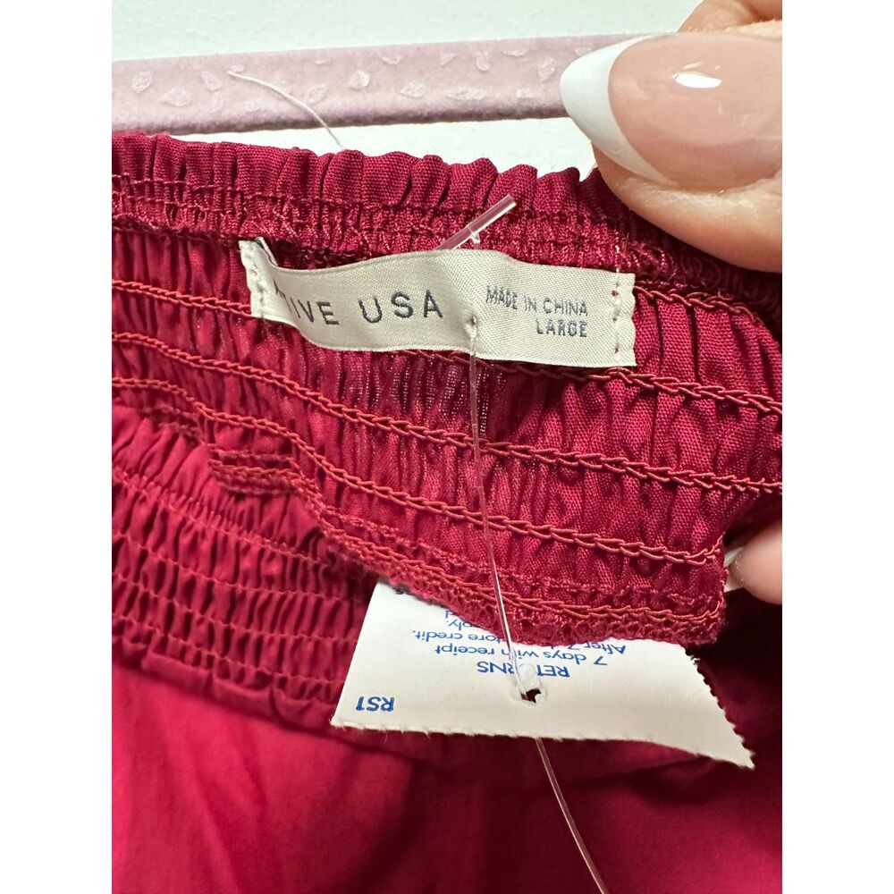 Active USA Burgundy Off Shoulder Crochet Lace Ruffle Sleeve Peplum Top Large NWT